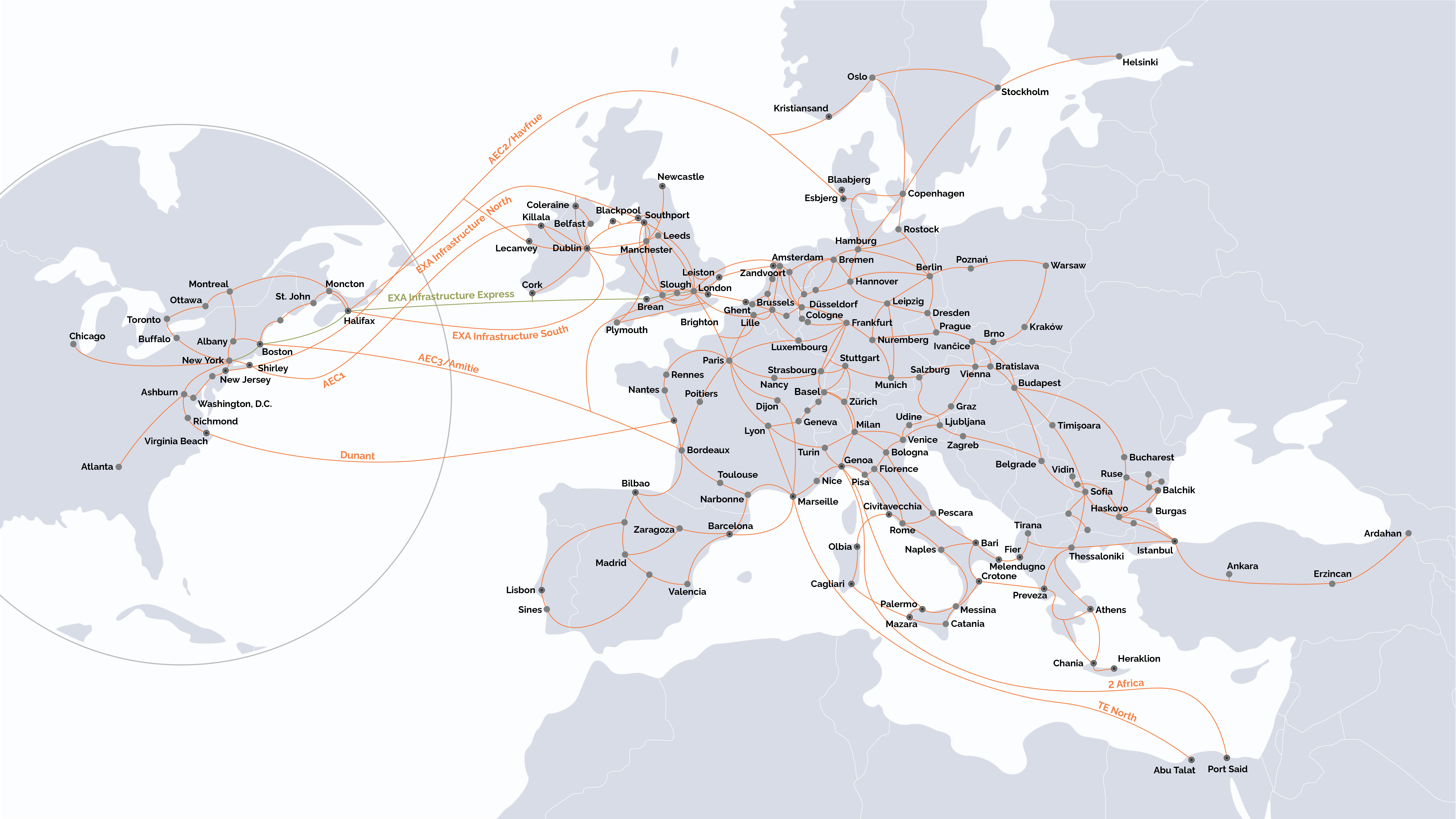 EXA Infrastructure network map, August 2026