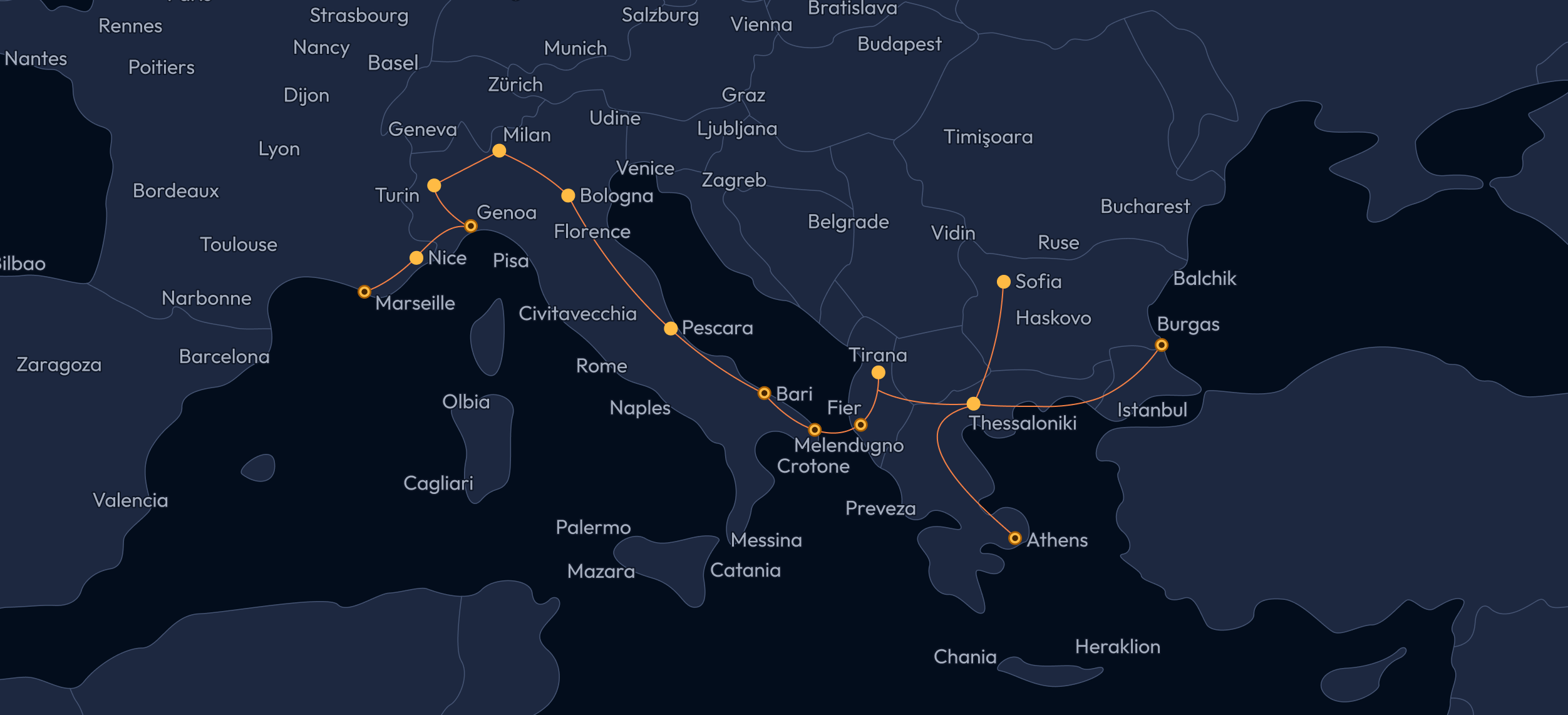 Trans-Adriatic Express route map