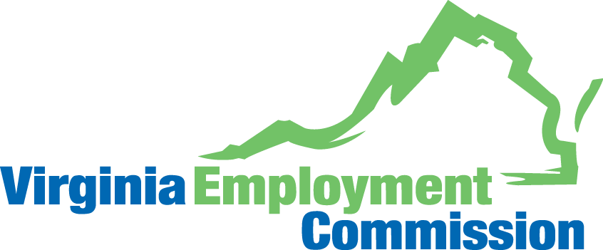 Virginia Employment Commission logo with blue and green text, featuring a green outline of the state of Virginia above the words.