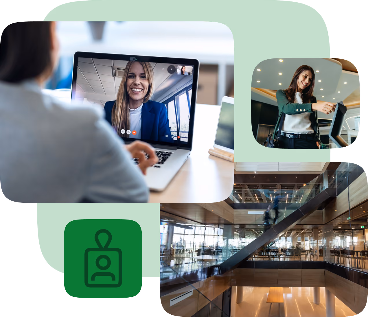 Collage showing a person on a video call with a smiling woman on a laptop screen, a woman using a card to access a building, and an interior view of a modern office with escalators and glass walls.