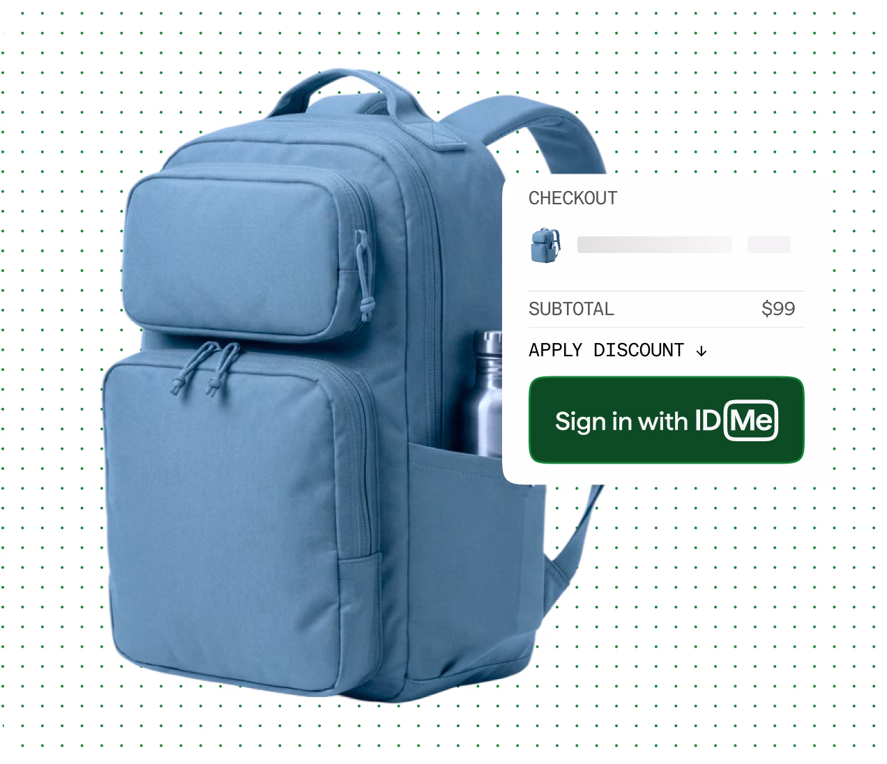 Light blue backpack with multiple zippered compartments next to a checkout interface showing a subtotal of $99 and a green button labeled Sign in with ID.me.