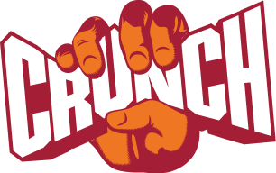 Logo with the word 'CRUNCH' in bold white letters outlined in maroon, held and squeezed by an orange hand with fingers wrapped around the top and thumb pressing from the bottom.
