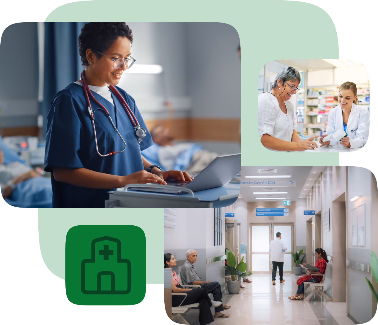 Collage showing three healthcare scenes: a nurse in blue scrubs with a stethoscope working on a laptop in a hospital room, a pharmacist in a white coat assisting an older woman at a pharmacy counter, and patients seated in a hospital waiting area with a doctor walking in a corridor.