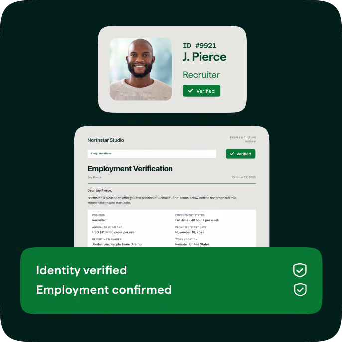 Digital employment verification card for J. Pierce, a recruiter, showing a smiling man, ID #9921, with 'Verified' status and a document from Northstar Studio confirming employment details, including position, salary, and work location, along with green banners stating 'Identity verified' and 'Employment confirmed.'