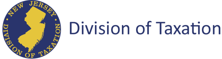 Seal showing a gold silhouette of New Jersey inside a blue circle with gold text reading 'New Jersey Division of Taxation,' followed by the text 'Division of Taxation' in blue to the right.