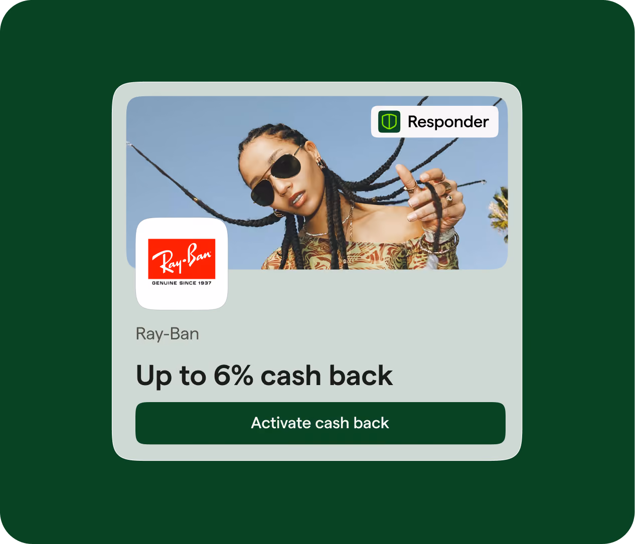 Advertisement card featuring a woman with braided hair wearing black Ray-Ban sunglasses against a clear blue sky, with the Ray-Ban logo and text offering up to 6% cash back plus 3% cash back.