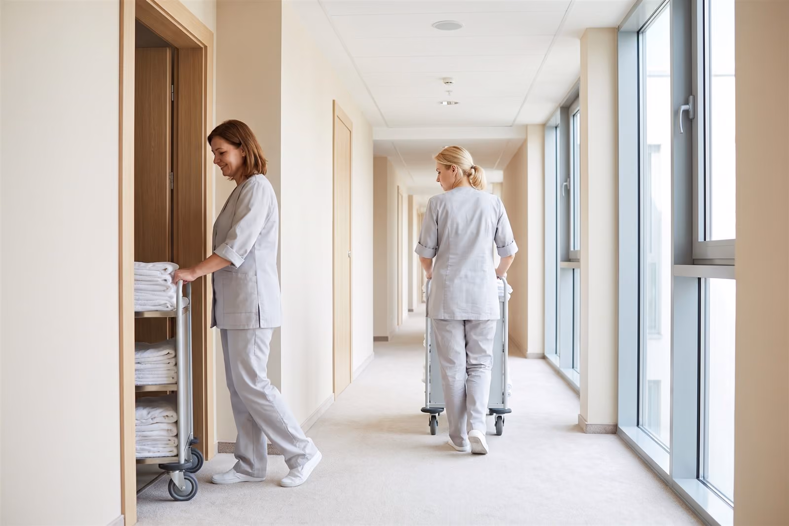 Dwie pokojowe z wózkami z pościelą na jasnym korytarzu dużego hotelu