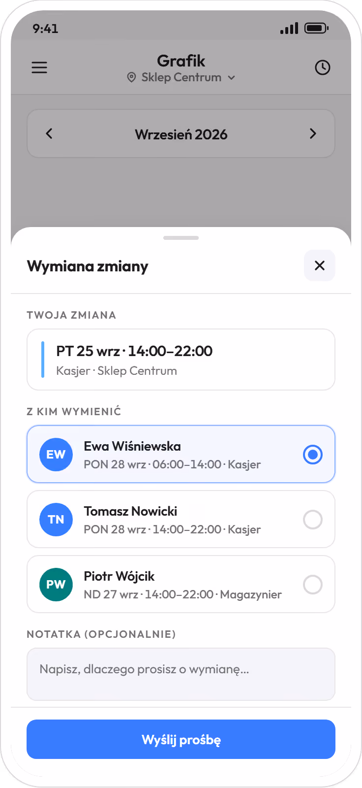 Wymiana zmiany w aplikacji pracownika: własna zmiana w piątek i lista osób, z którymi można się zamienić