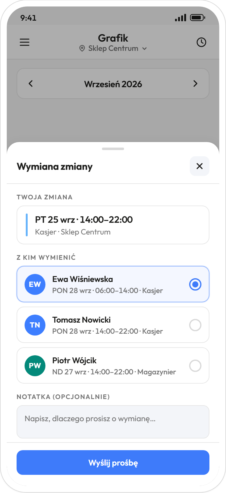 Aplikacja pracownika: propozycja wymiany zmiany z inną osobą z zespołu