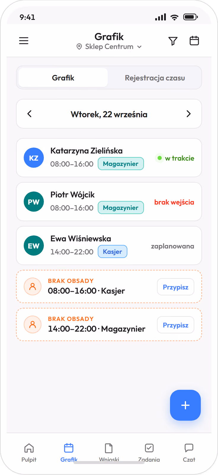 Aplikacja Proplanum na telefonie kierownika: grafik dnia z przypisanymi zmianami i dwiema nieobsadzonymi zmianami do przypisania