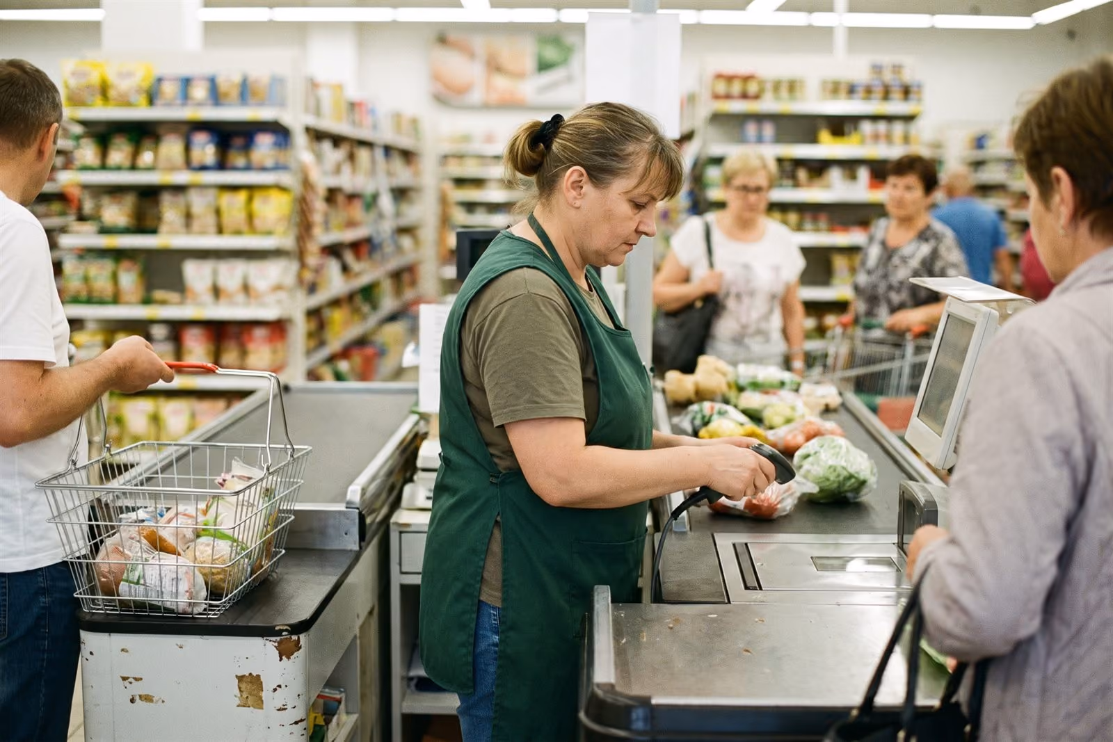 Kasjerka w zielonym fartuchu skanuje zakupy przy kasie sklepu spożywczego, klient z koszykiem