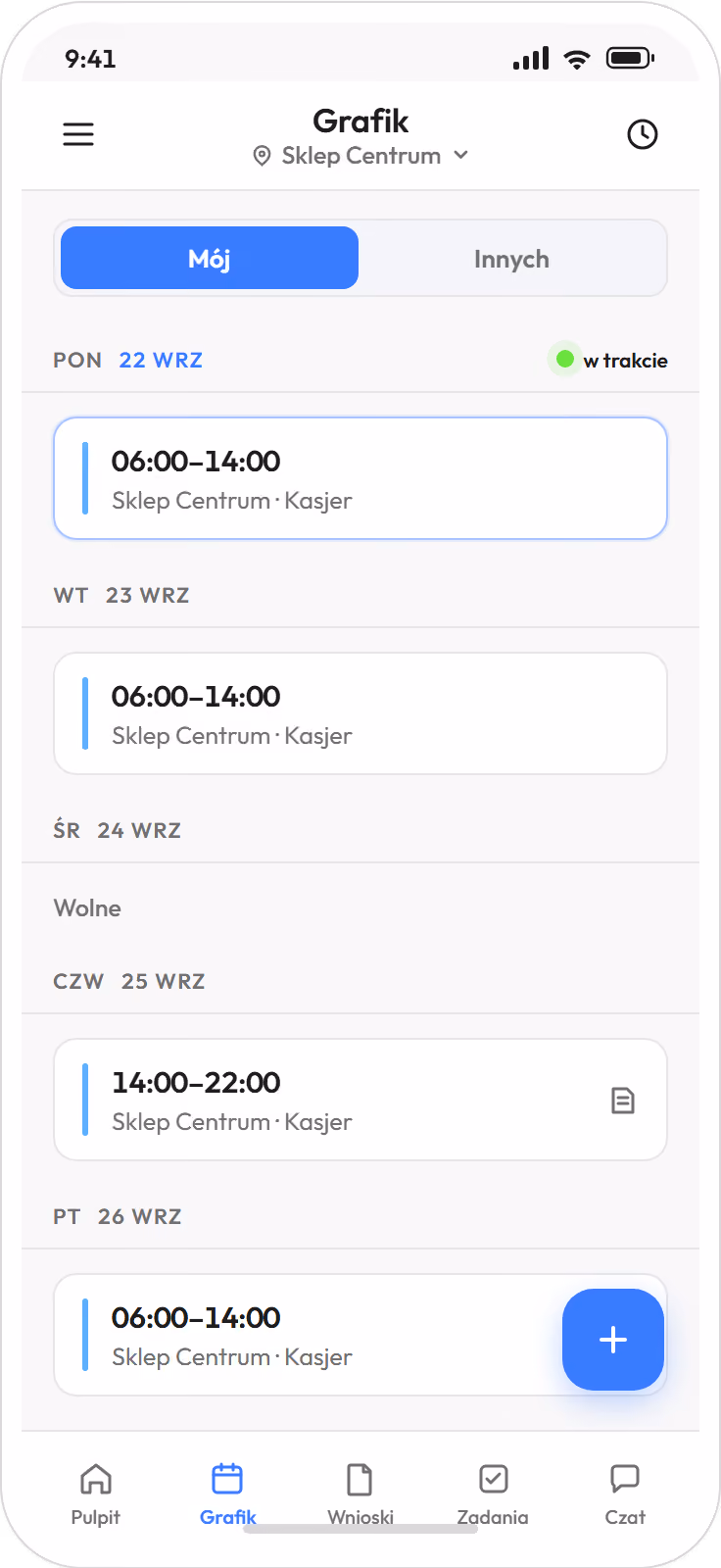 Grafik pracownika w aplikacji, zakładka Mój: zmiany 06:00 do 14:00 w poniedziałek i wtorek, środa wolna, czwartek 14:00 do 22:00