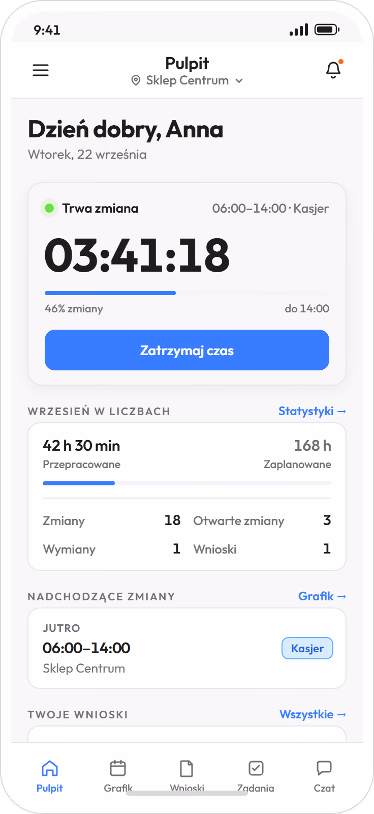 Pulpit pracownika w aplikacji: trwająca zmiana z licznikiem czasu i przyciskiem Zatrzymaj czas, godziny przepracowane i zaplanowane we wrześniu, najbliższa zmiana jutro od 06:00 do 14:00