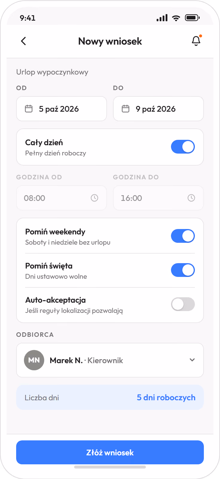 Aplikacja Proplanum na telefonie: nowy wniosek o urlop wypoczynkowy od 5 do 9 października 2026, liczba dni: 5 dni roboczych, przycisk Złóż wniosek