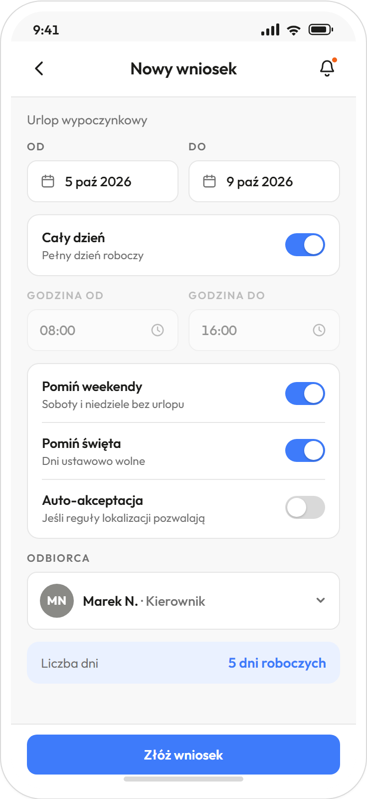 Aplikacja pracownika: wniosek o urlop z wyborem dat i rodzaju urlopu