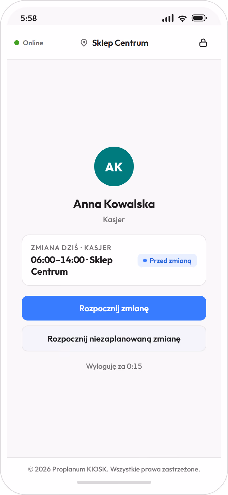 Kiosk w telefonie: pracownik rozpoznany, zmiana dnia i przycisk rozpoczęcia zmiany