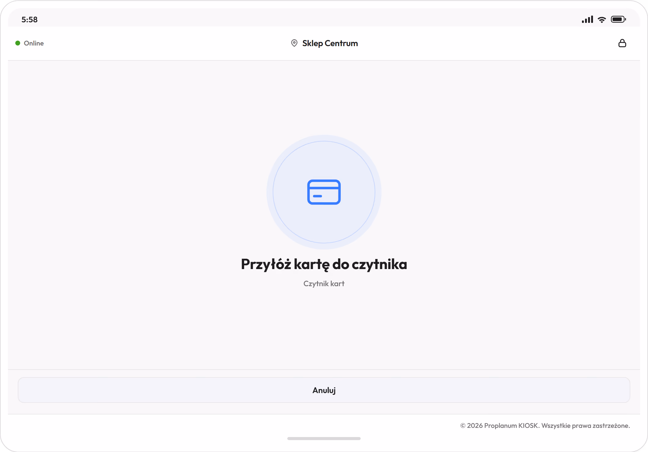 Kiosk na tablecie w magazynie: prośba o przyłożenie karty do czytnika