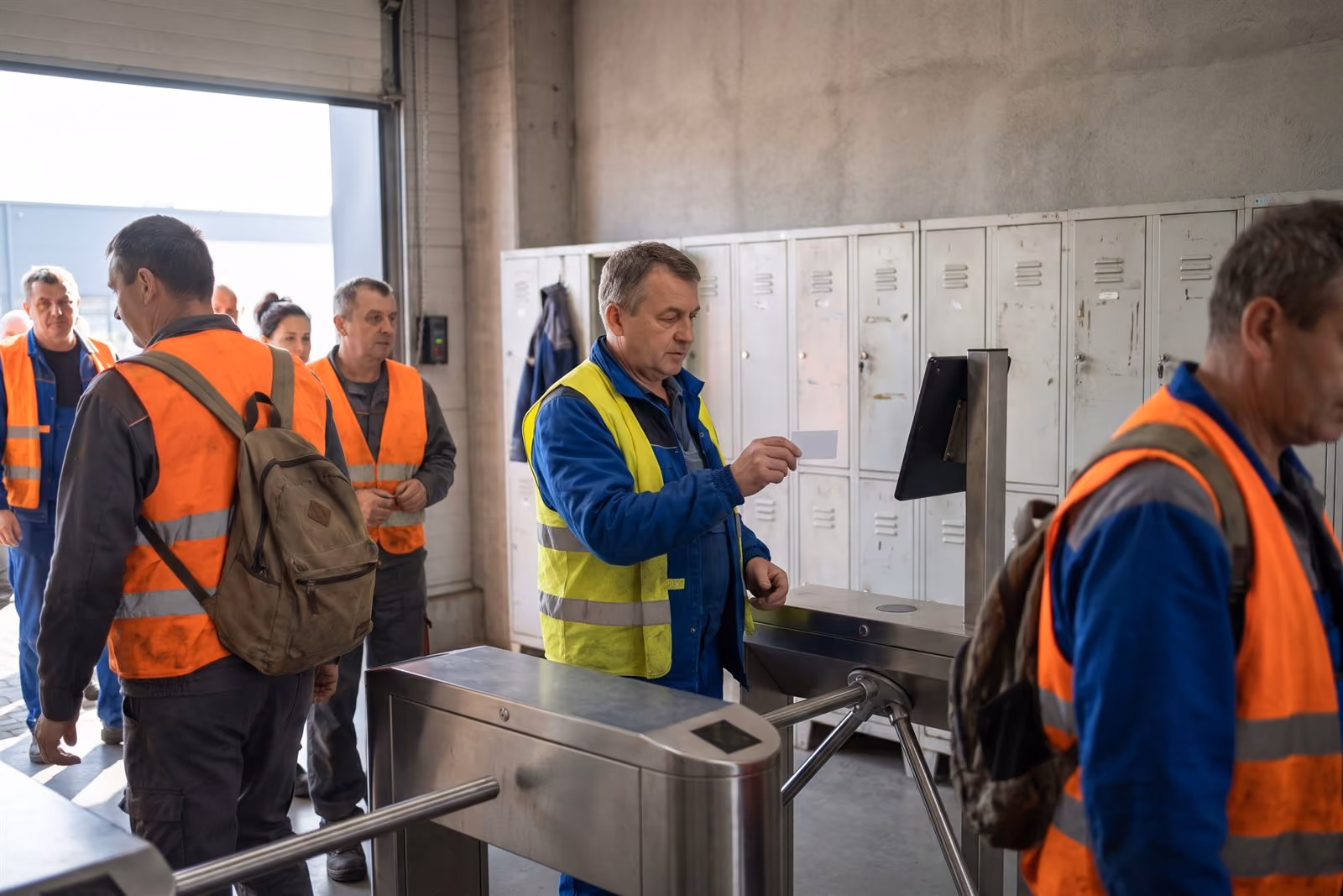 Pracownicy w kamizelkach przechodzą przez kołowrót, jeden przykłada kartę do tabletu przy wejściu na halę