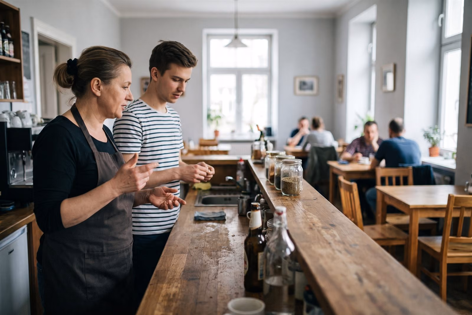 Właścicielka małej restauracji rozmawia z młodym pracownikiem za ladą, goście przy stolikach