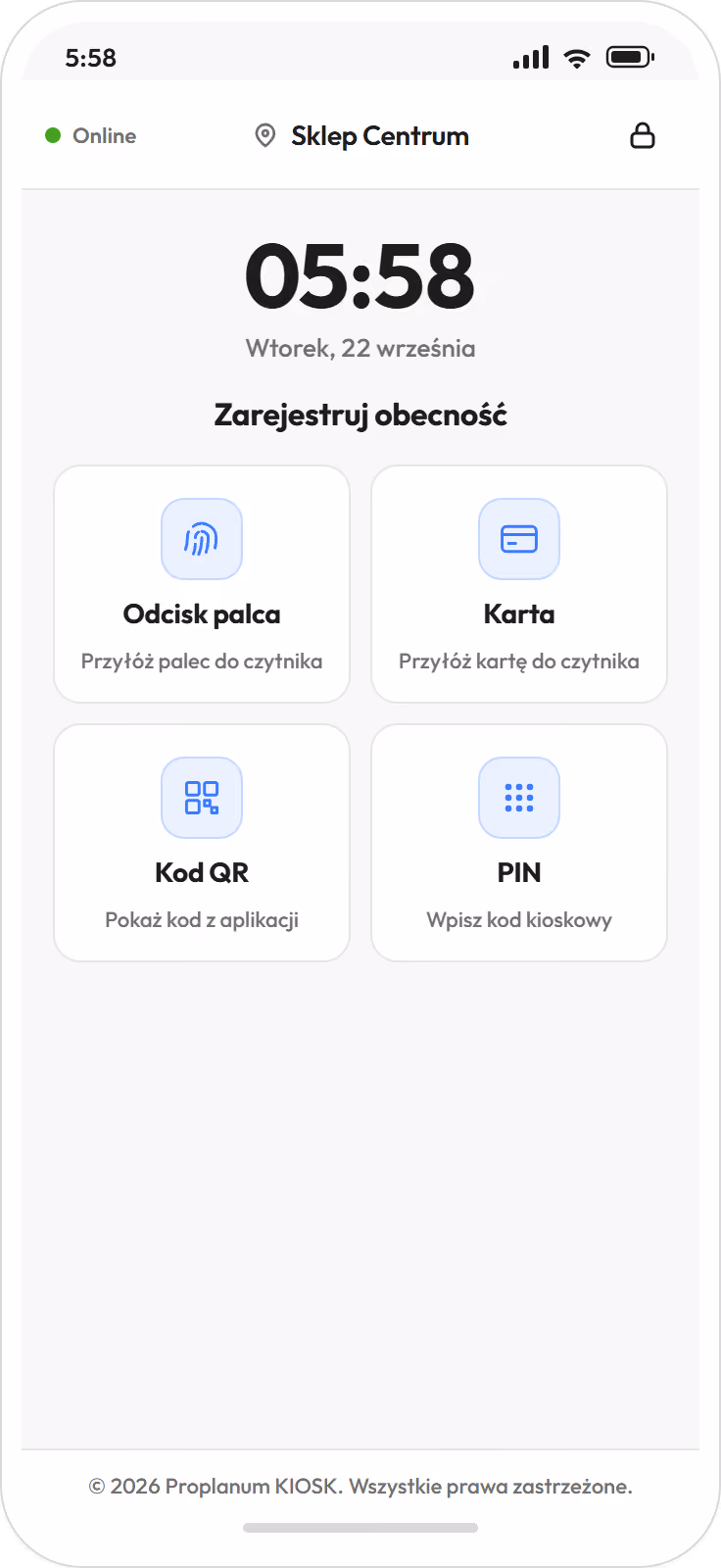 Kiosk w telefonie: wejście i wyjście z pracy