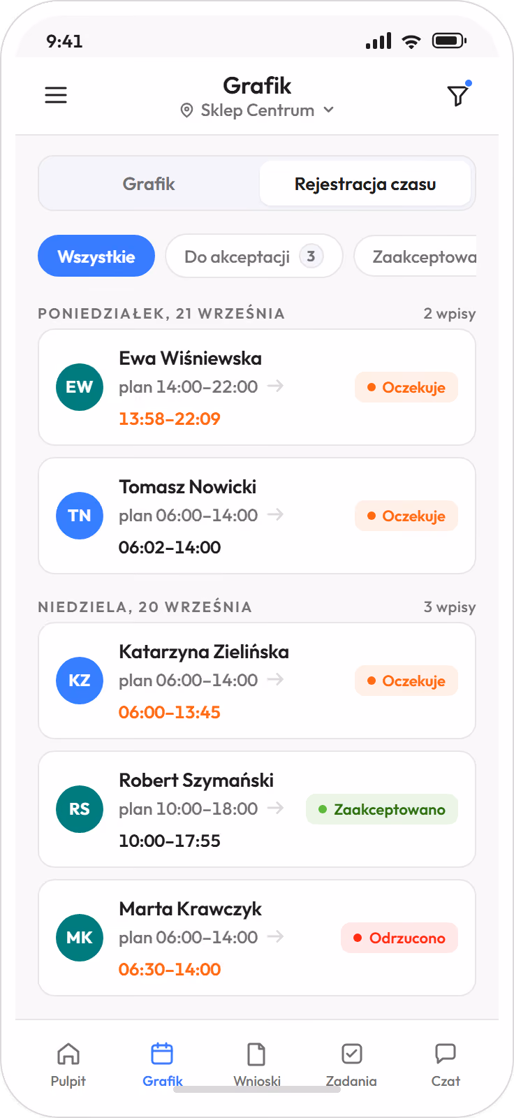 Aplikacja Proplanum na telefonie kierownika: rejestracja czasu pracy zespołu