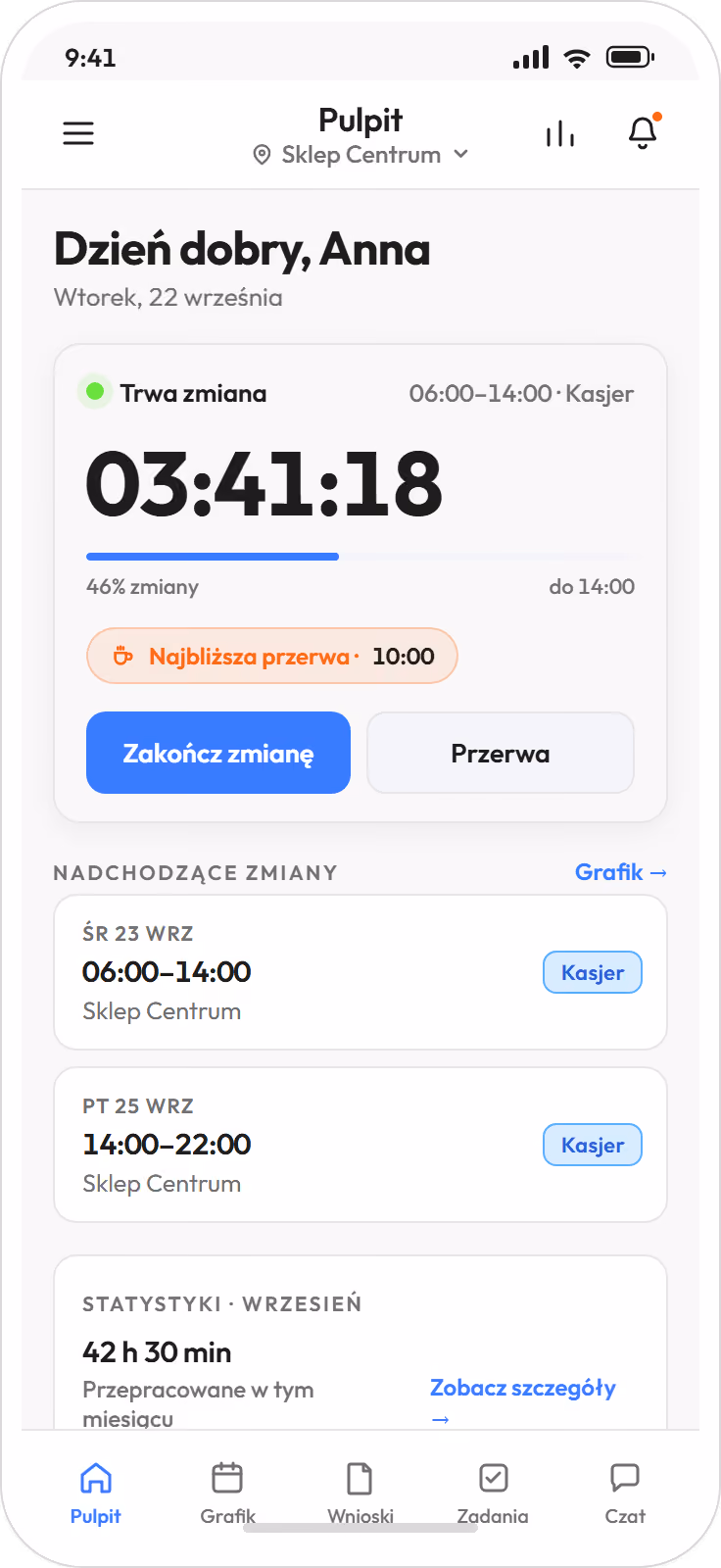 Pulpit pracownika w aplikacji w trakcie zmiany: czas od rozpoczęcia i przycisk zakończenia zmiany