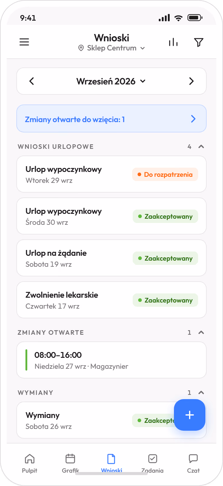 Lista wniosków pracownika w aplikacji za wrzesień 2026: cztery wnioski, jeden urlop wypoczynkowy do rozpatrzenia, trzy zaakceptowane, niżej zmiana otwarta do wzięcia i zaakceptowana wymiana