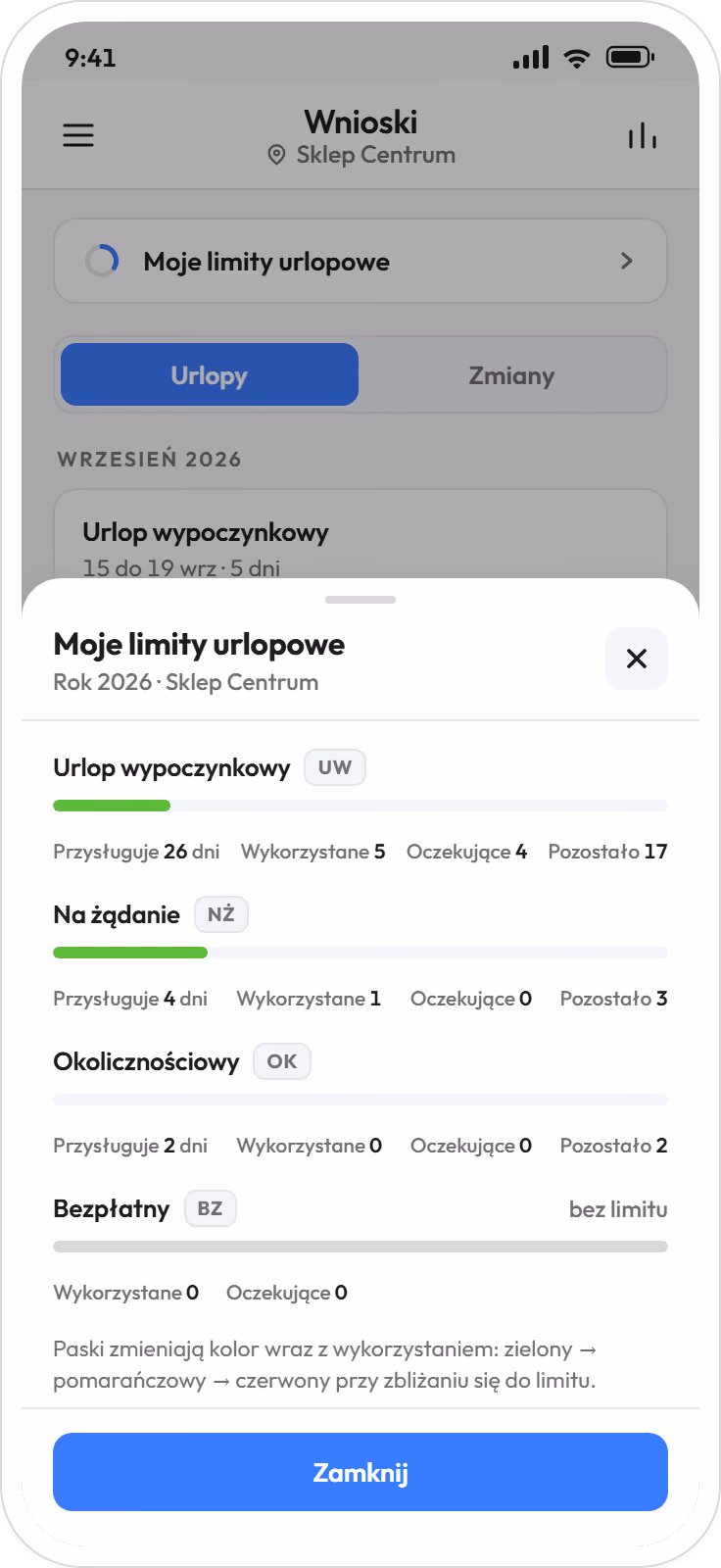 Saldo puli urlopowej w aplikacji pracownika