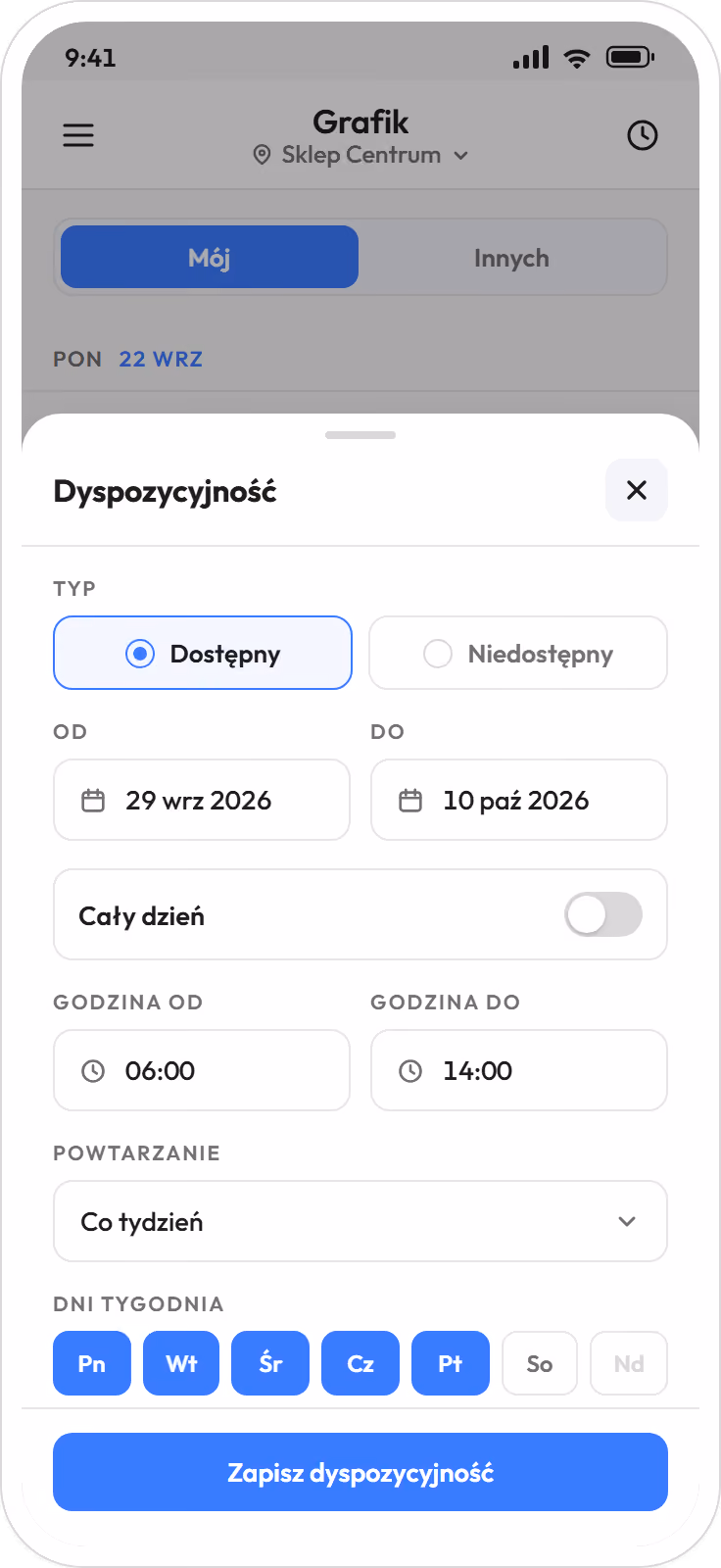Kalendarz dyspozycyjności w telefonie pracownika: dostępny od 29 września do 10 października, od 6:00 do 14:00, powtarzanie co tydzień od poniedziałku do piątku