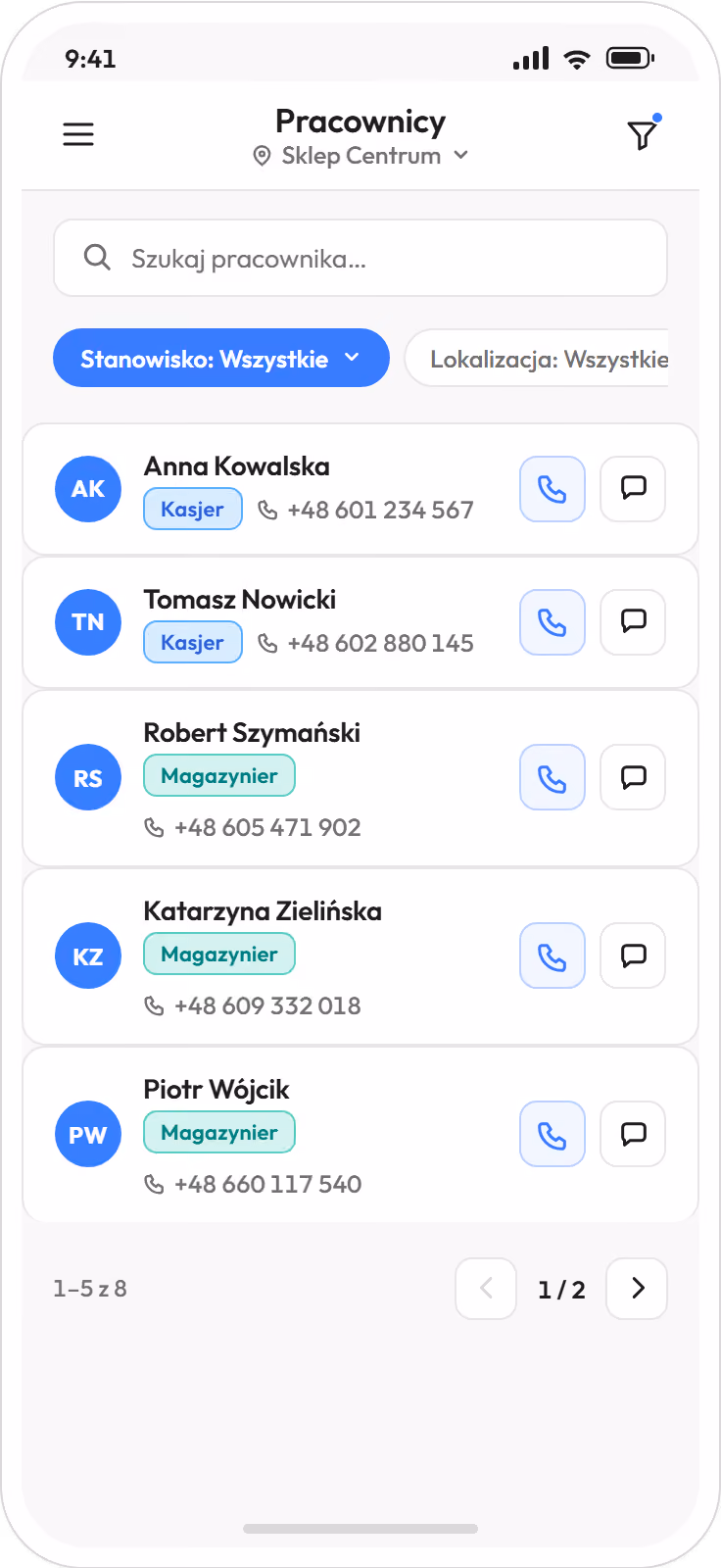 Lista pracowników placówki w aplikacji kierownika: przy każdej osobie stanowisko, numer telefonu oraz przyciski połączenia i rozmowy