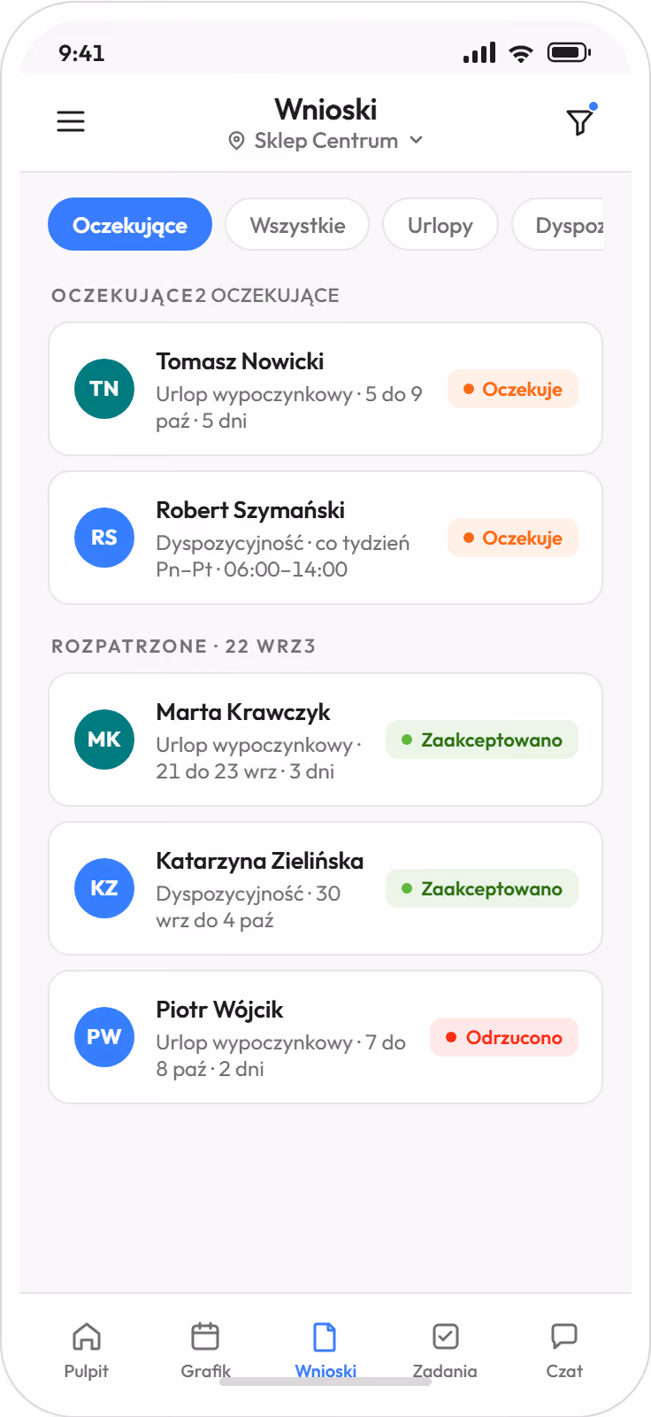 Wnioski do zatwierdzenia w aplikacji kierownika