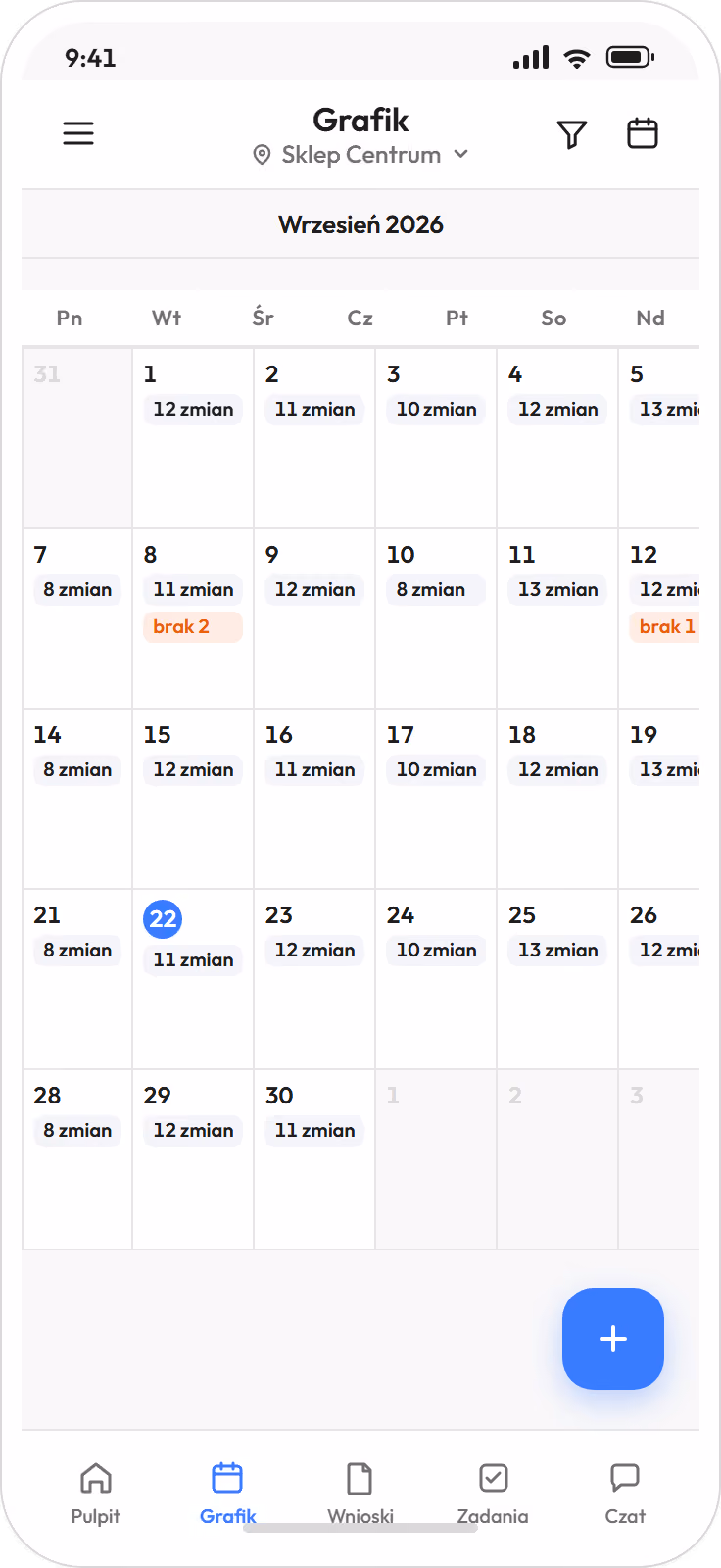 Aplikacja Proplanum na telefonie kierownika: grafik zespołu na cały miesiąc