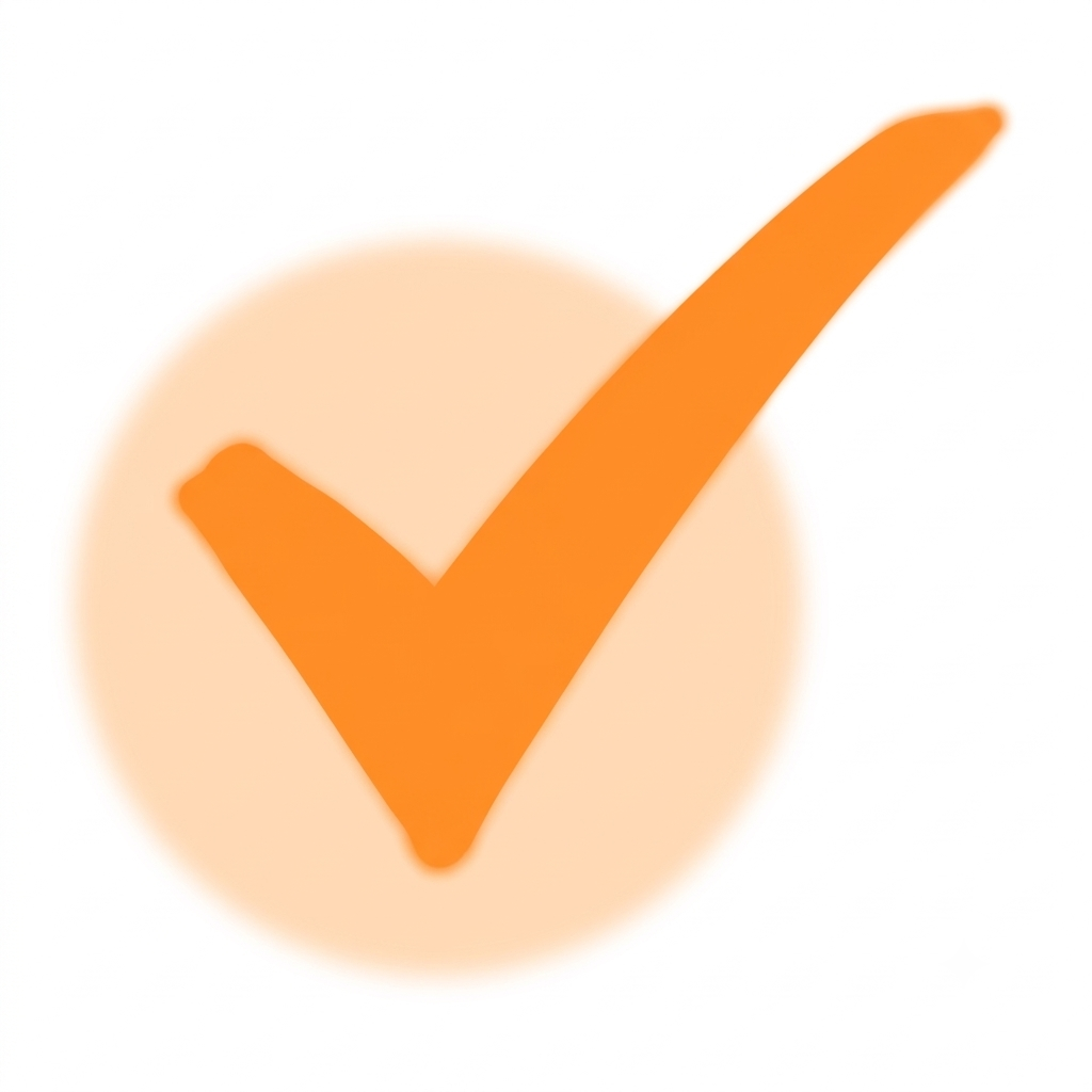 Large orange checkmark symbol inside a faint orange circle on a white background representing confirmation or approval.