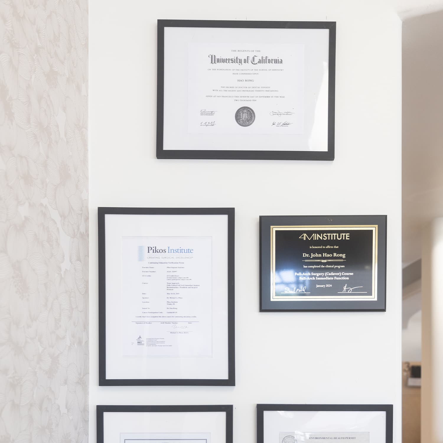 Dental school diploma and continuing education certificates of Dr. John Hao Rong, dentist in Saratoga, CA
