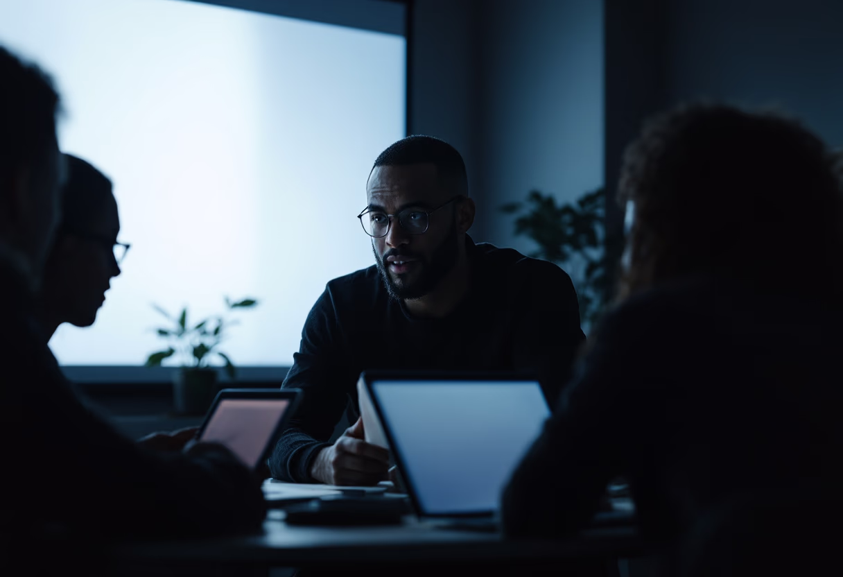 image of a teacher interacting with students using digital tools (for an edtech)