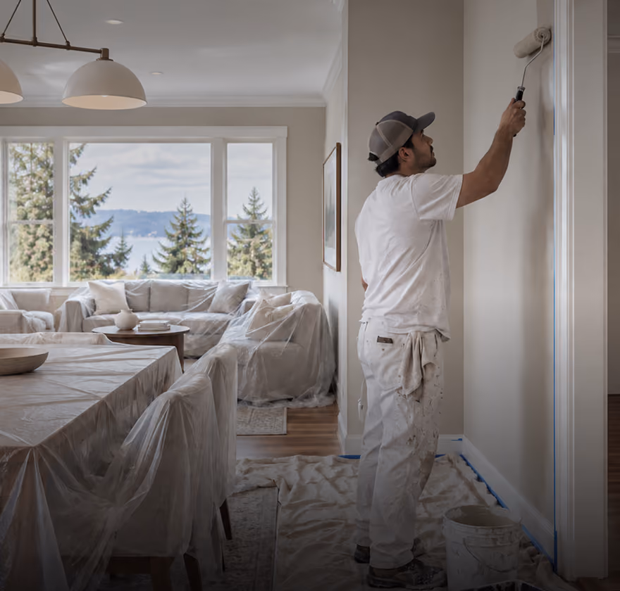 A painter in white clothes and a cap painting an interior wall beige with a paint roller, with furniture covered in plastic and a window showing trees and a lake outside.