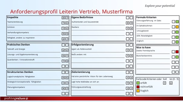 Beispiel eines Anforderungsprofils auf Basis der Wertematrix