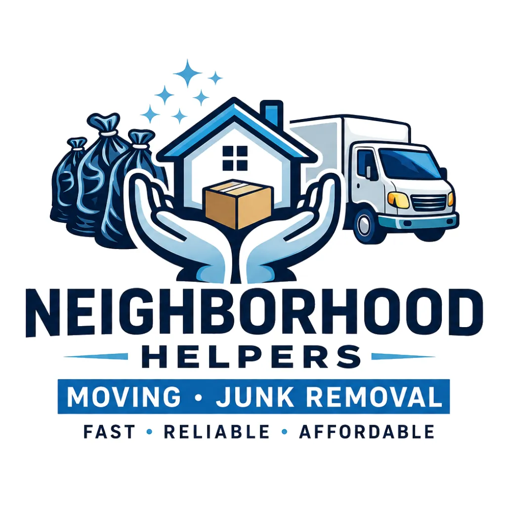 Logo for Neighborhood Helpers showing two hands holding a house with a package, next to three black trash bags and a moving truck, with text: MOVING • JUNK REMOVAL and traits FAST • RELIABLE • AFFORDABLE.