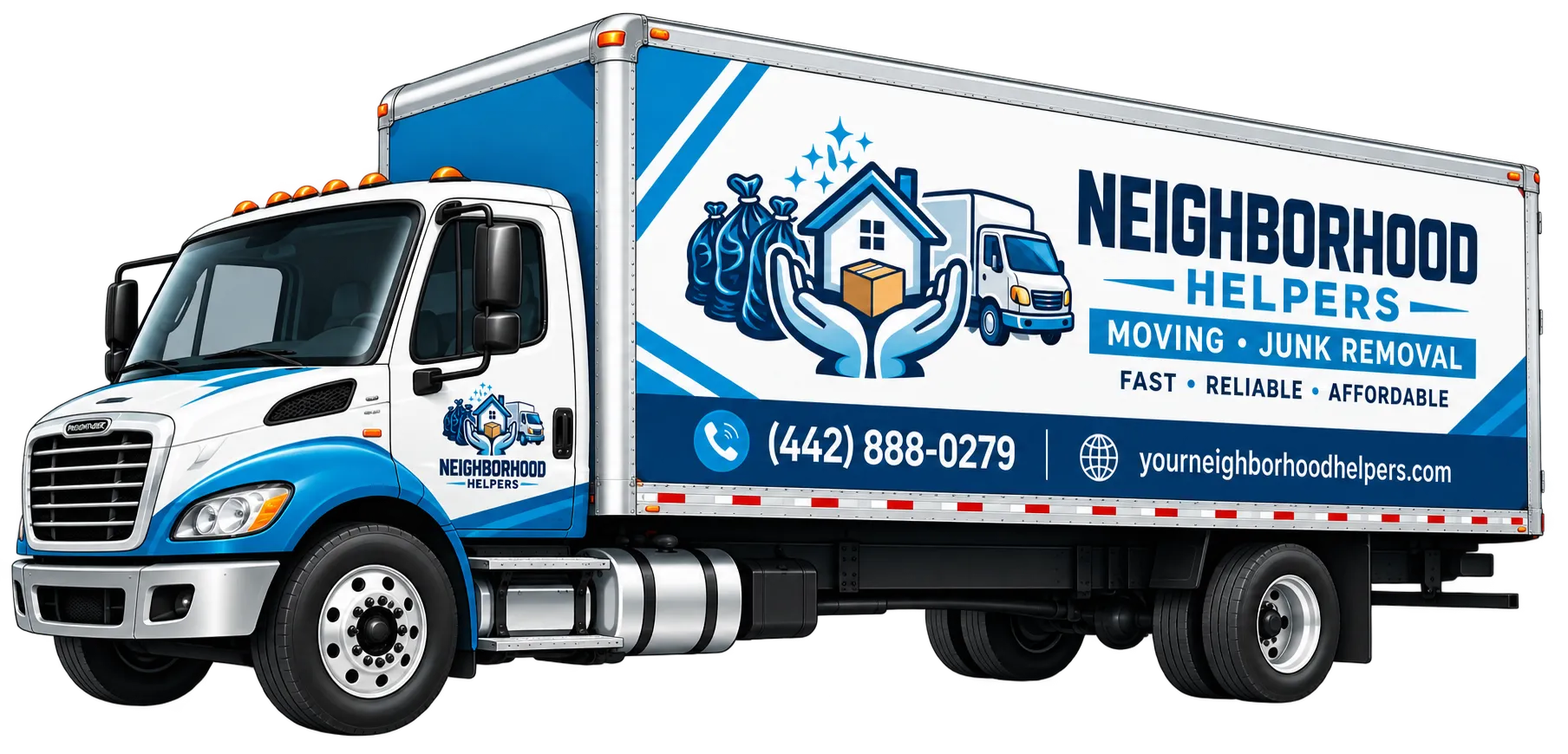 White and blue moving truck with Neighborhood Helpers logo, advertising moving and junk removal services with phone number (442) 888-0279 and website yourneighborhoodhelpers.com.