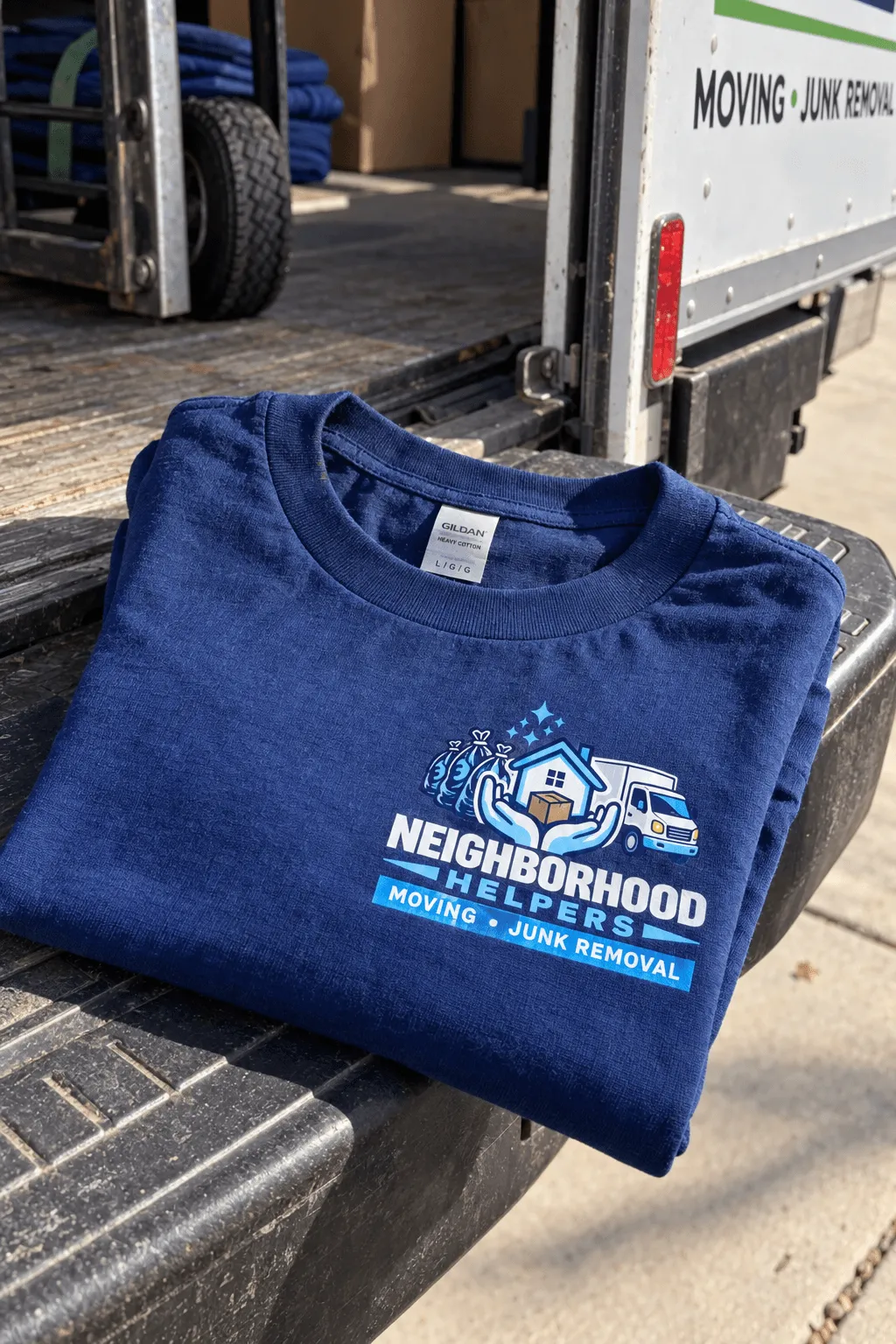 Folded navy blue t-shirt with a logo featuring hands holding a house, a moving truck, and trash bags, with text reading 'Neighborhood Helpers Moving · Junk Removal', placed on the edge of an open moving truck bed.