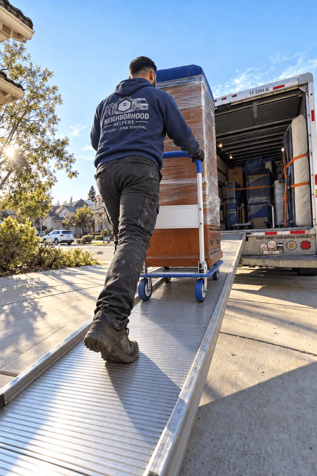 Mover wearing a Neighborhood Helpers hoodie pushes a wrapped wooden dresser on a blue dolly up a metal ramp into a moving truck on a sunny day in a suburban neighborhood.
