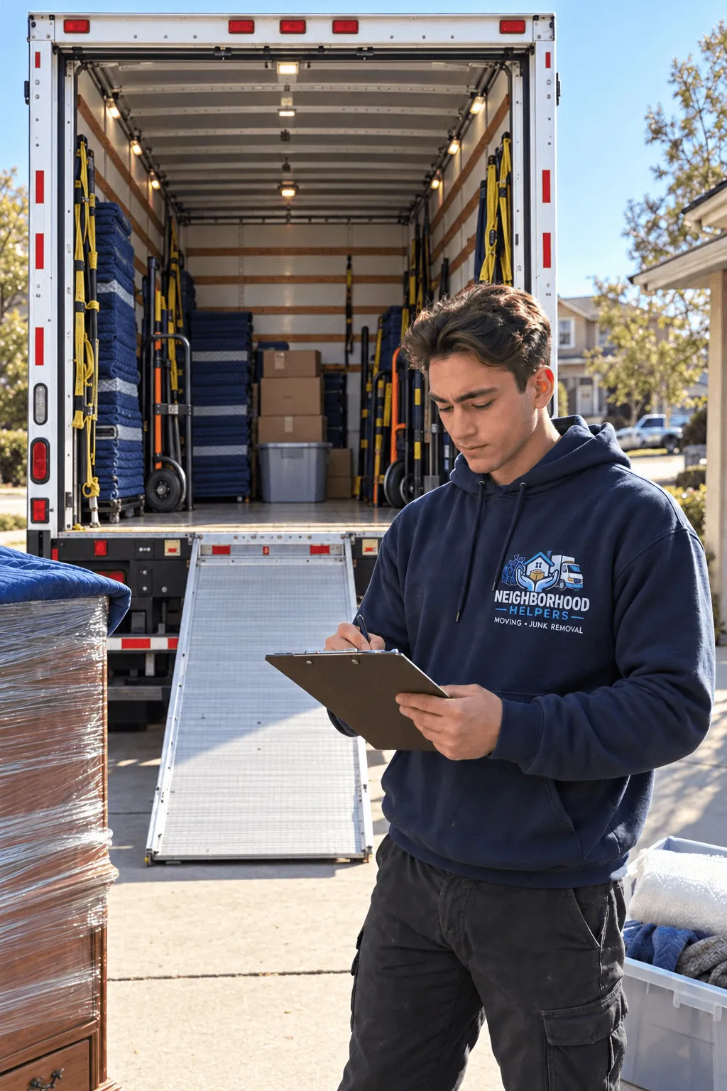 A man wearing a Neighborhood Helpers Moving & Junk Removal hoodie writing on a clipboard in front of an open moving truck loaded with padded blankets and boxes.