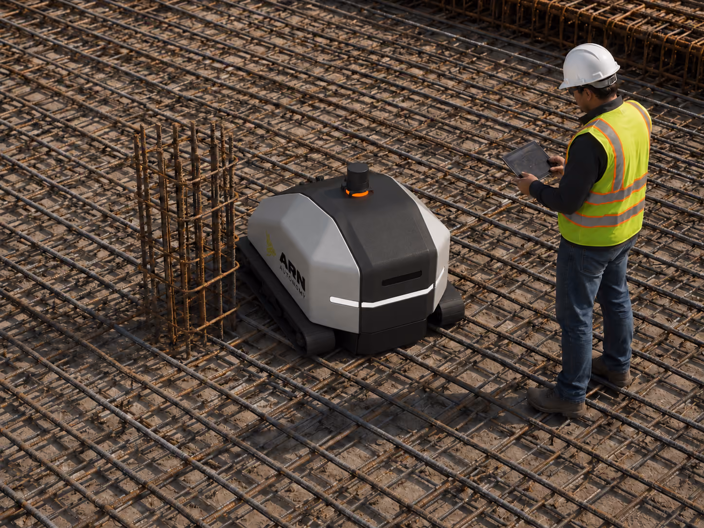 Operator holding a tablet next to GRID, Arn Autonomy's rebar tying robot, on a rebar mat