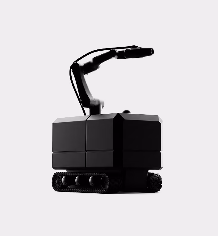 Concept render of an upcoming Arn tracked jobsite machine with a robotic arm.