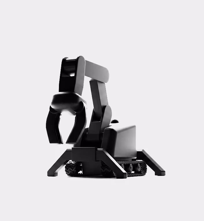 Concept render of an upcoming Arn tracked jobsite robot with a gripper arm.