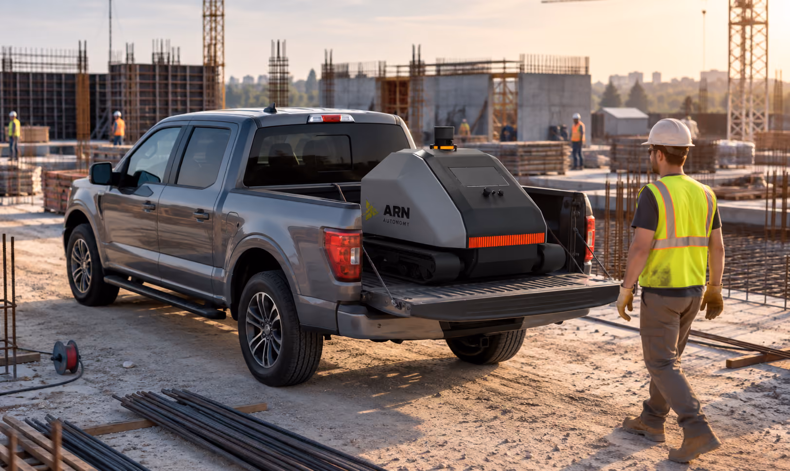 GRID loaded in a pickup truck bed as a worker in a hard hat walks toward it.