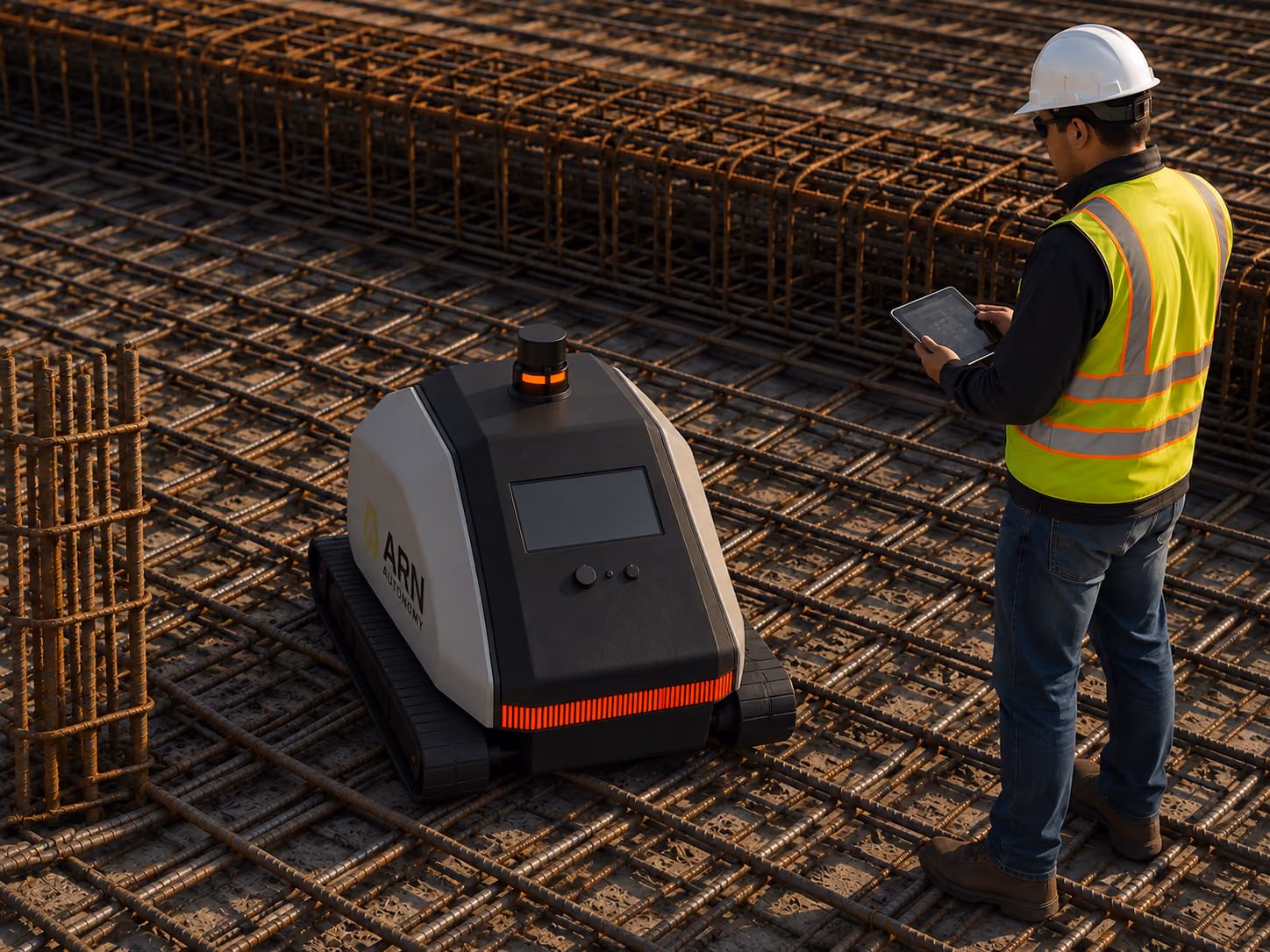 GRID rebar tying robot on a rebar mat at dusk, with an operator supervising from a tablet