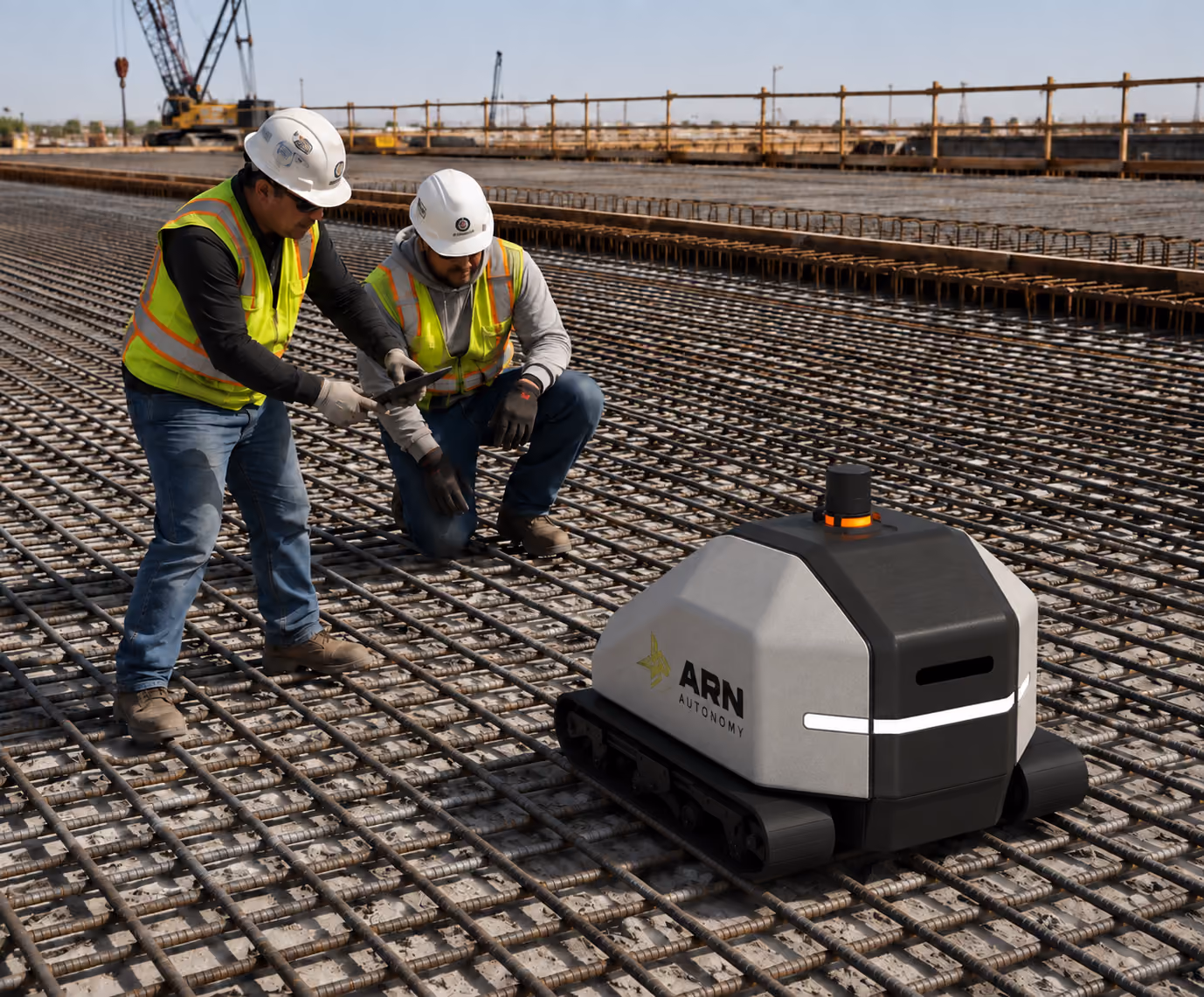 Two construction workers kneeling on a rebar mat next to GRID.