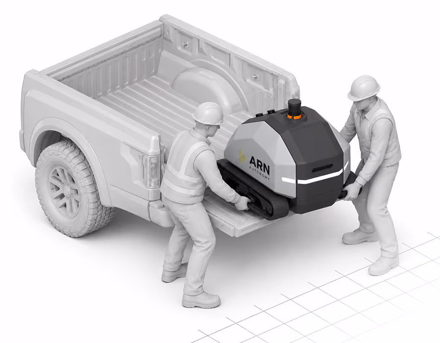 Illustration of two workers lifting GRID out of a pickup truck bed.