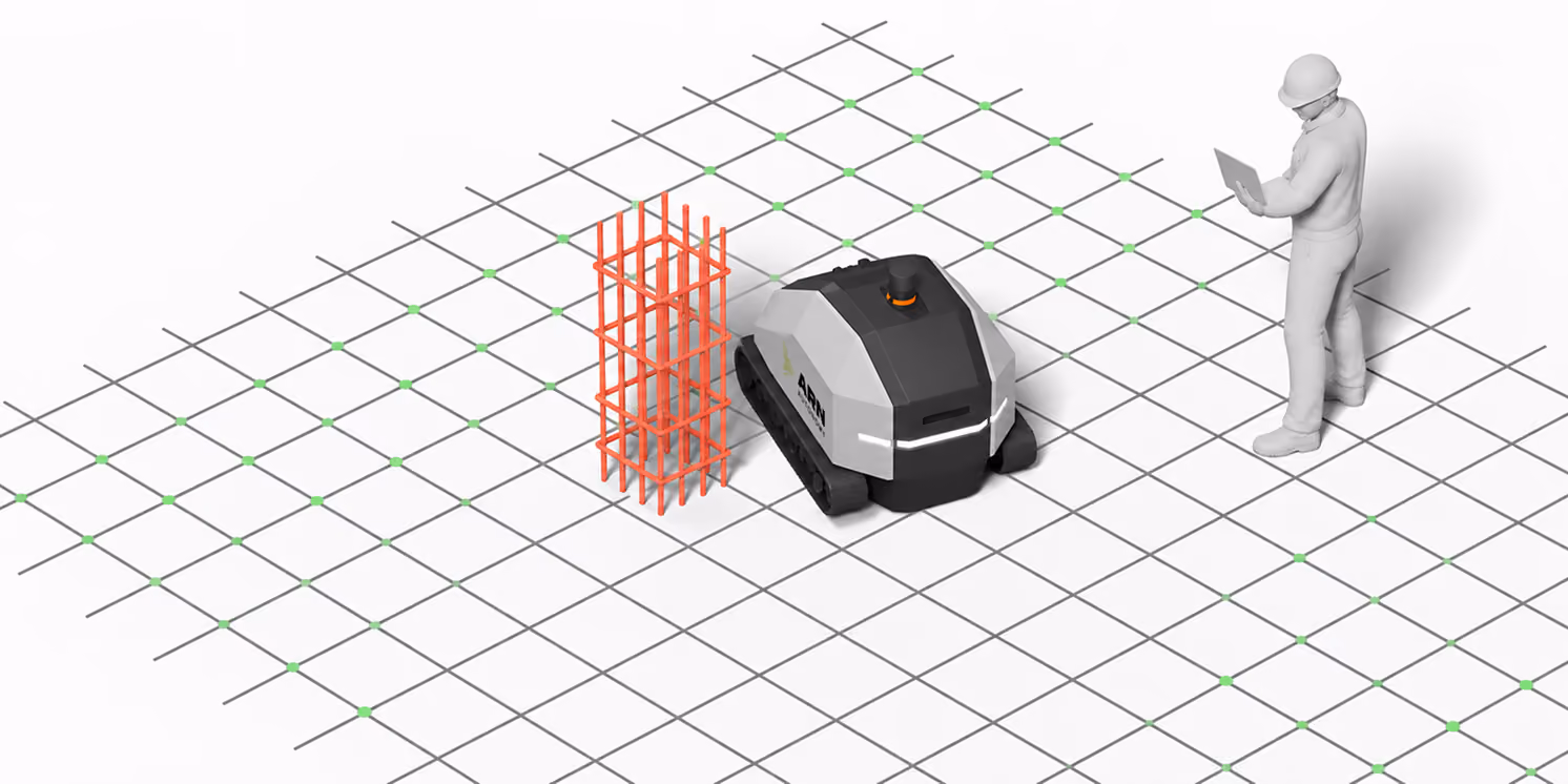 Illustration of GRID detecting a rebar cage obstacle while an operator watches on a laptop.